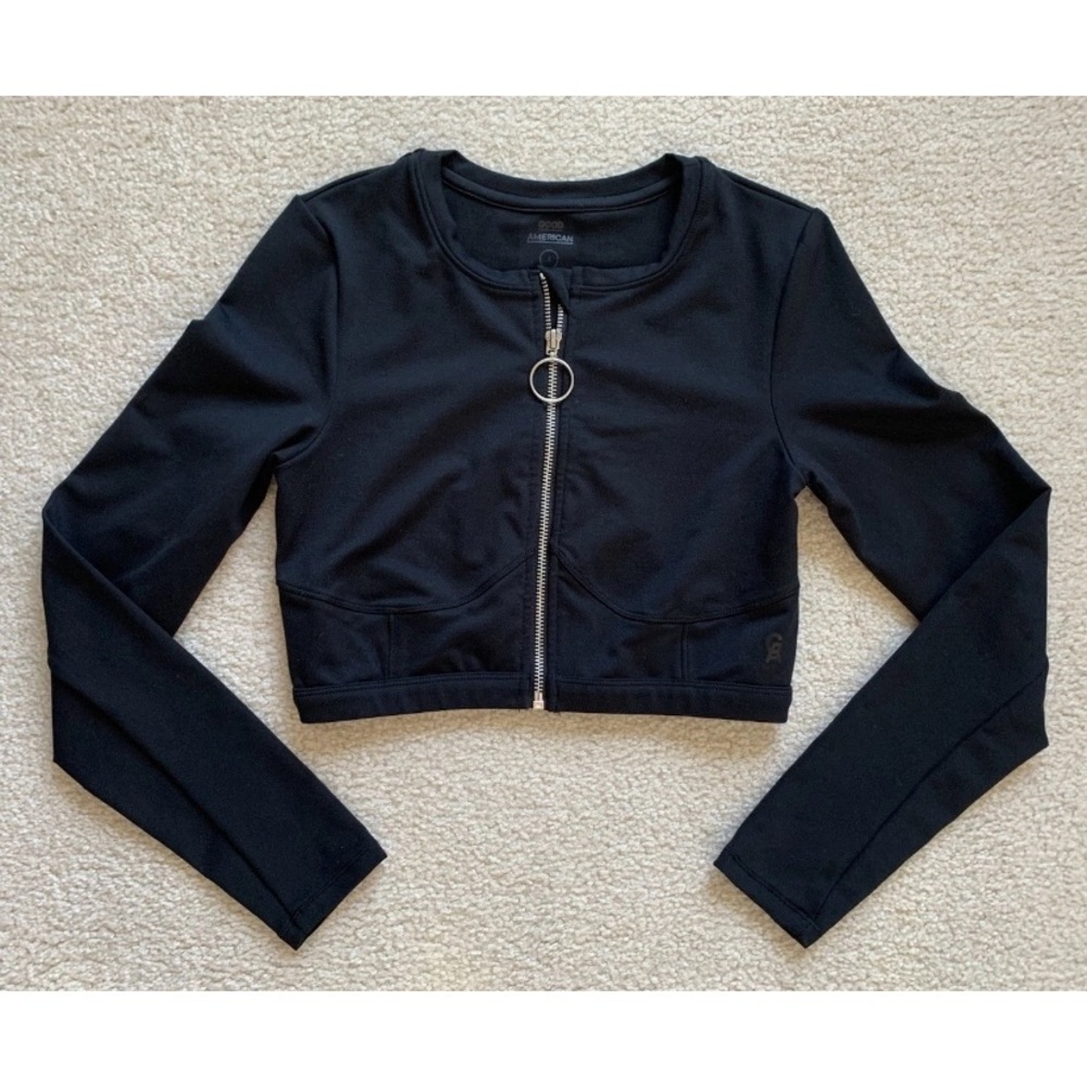Good American The Warrior Zip Crop Top Wmns 2 Black Scuba Y2K Athleisure Active